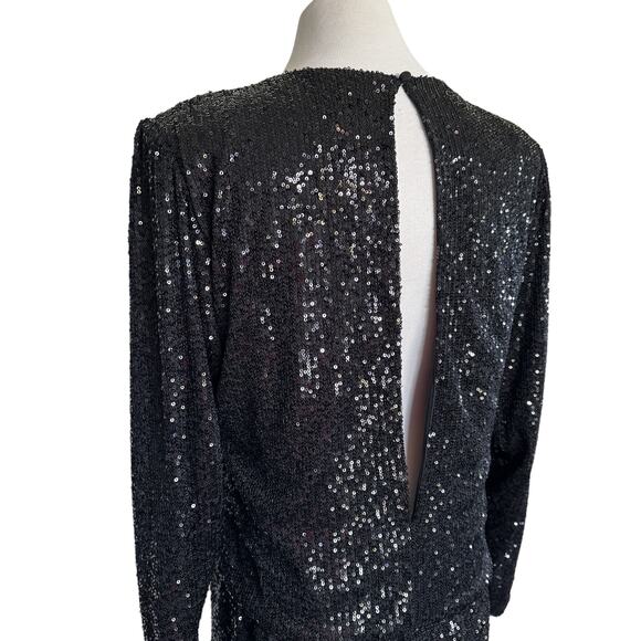 Retrofete Flynn Sequin Ruched Tulle Long Sleeve Key Hole Mini Dress Black Large - Picture 7 of 16